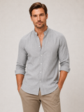 Men wearing gray cotton linen collarless button down long sleeve shirt breathable summer casual style