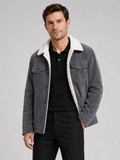 Men wearing gray corduroy jacket cotton padded warm loose fit winter casual style