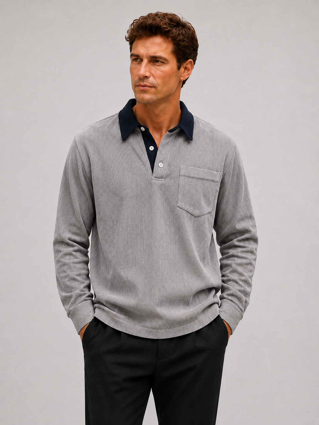 Front view of a man wearing a gray corduroy long sleeve polo shirt with a contrast turn-down collar and relaxed fit