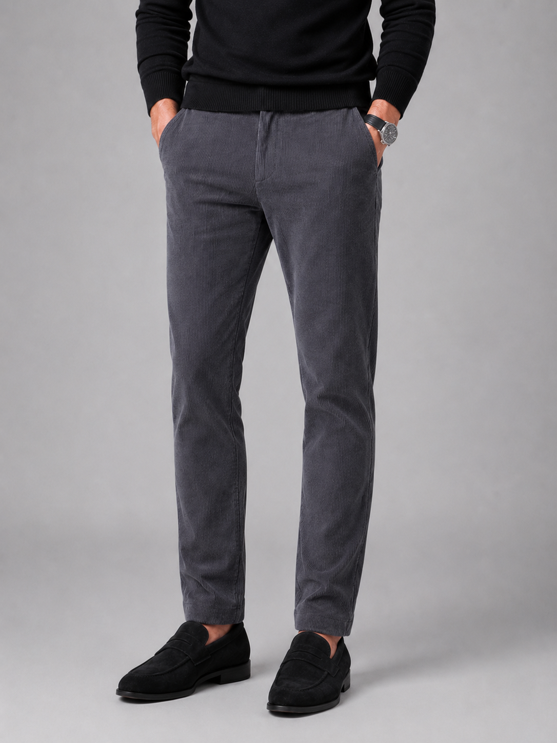 Men wearing gray corduroy pants stretch mid rise thick fall winter business casual style