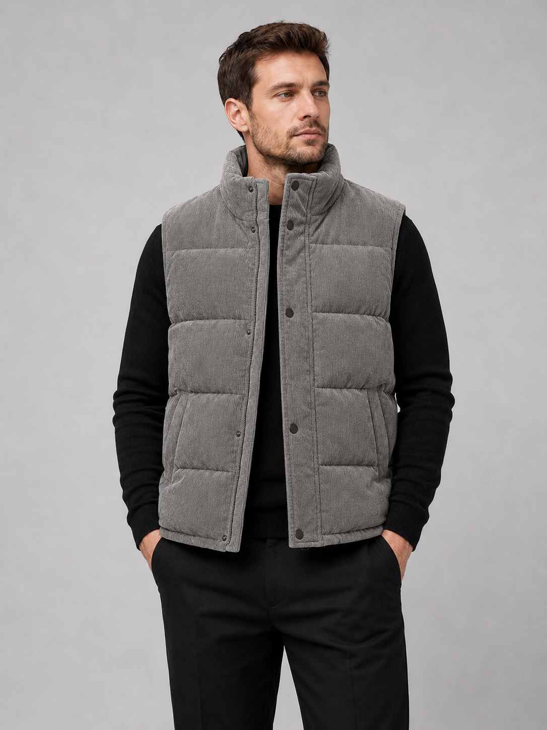 Front view of a man wearing a gray corduroy puffer vest with a stand collar, padded construction, and full zip front