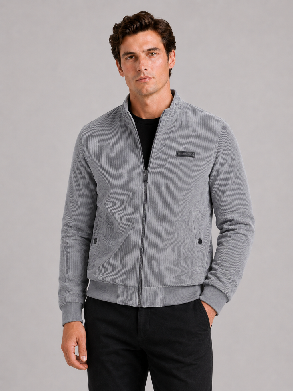 Men wearing gray corduroy workwear fall jacket cotton padded lightweight casual outdoor style