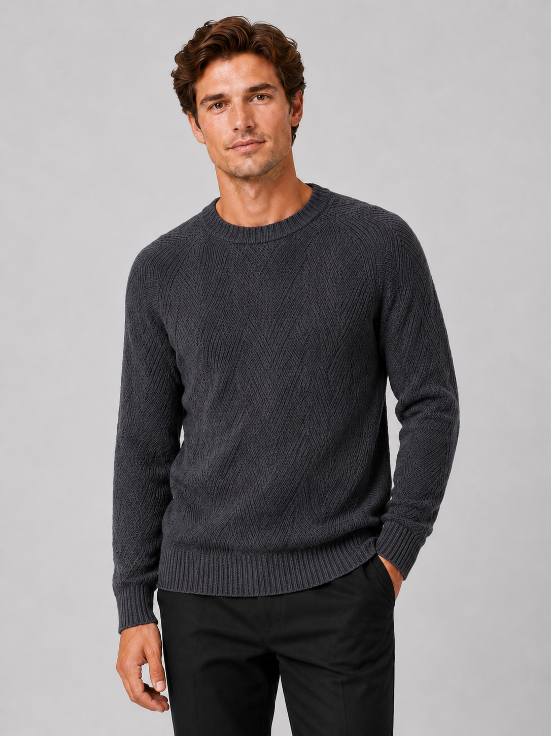 Men wearing gray crewneck sweater knit fall pullover casual everyday style