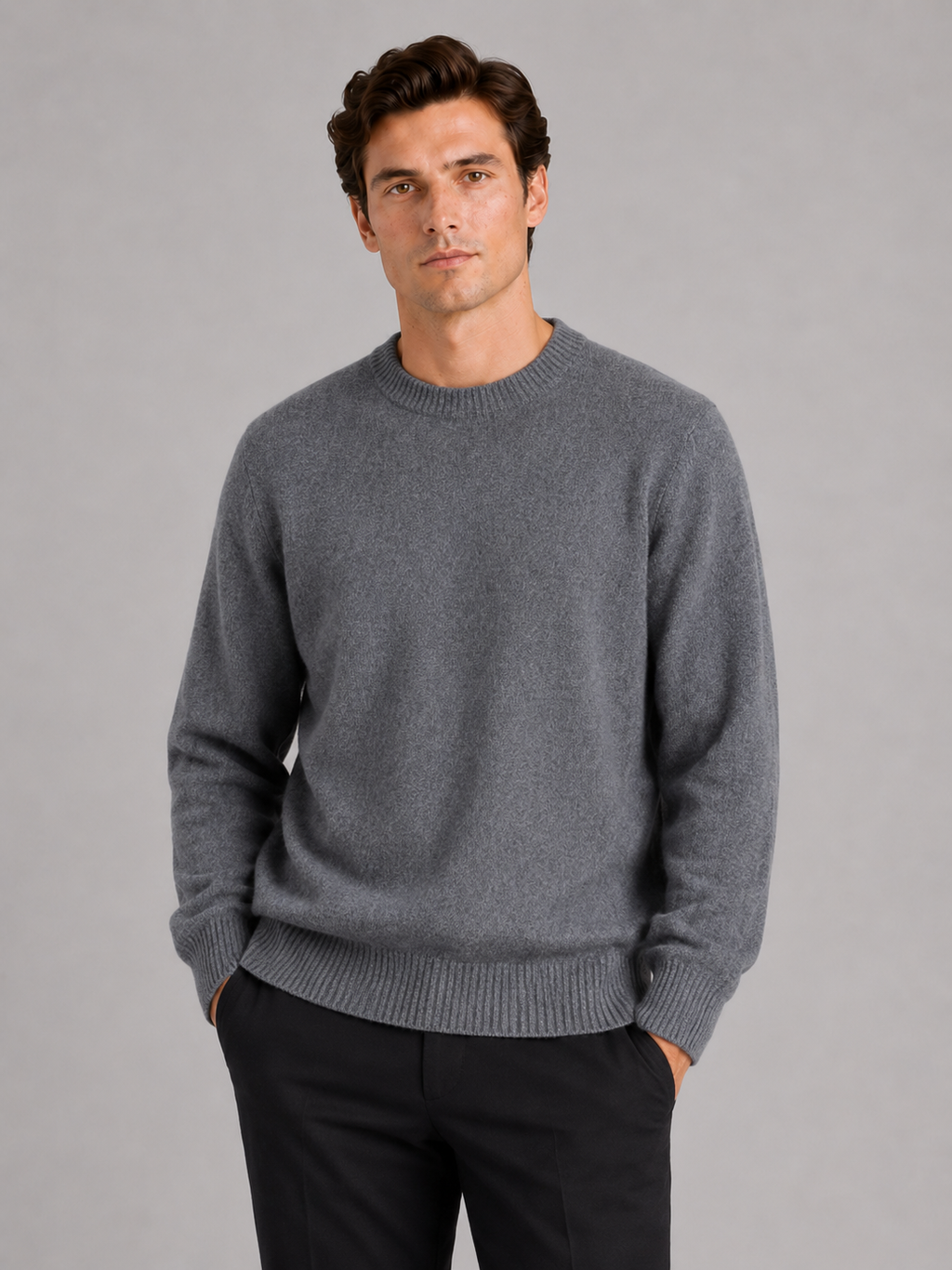 Men wearing gray crewneck sweater loose fit knit pullover fall winter casual style