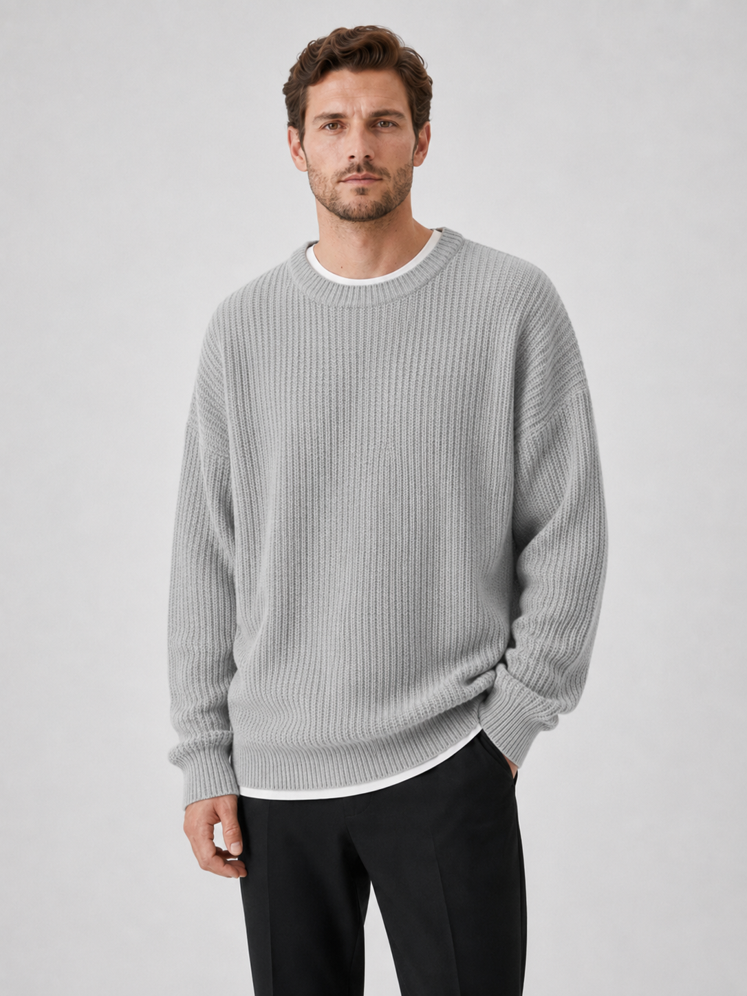 Men wearing gray crewneck sweater loose fit solid color fall business casual style