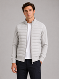 Men wearing gray down fall jacket stand collar slim fit zip up warm business casual style