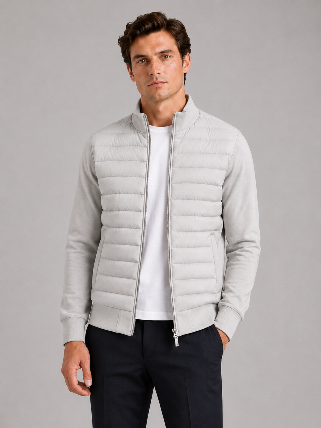Men wearing gray down fall jacket stand collar slim fit zip up warm business casual style