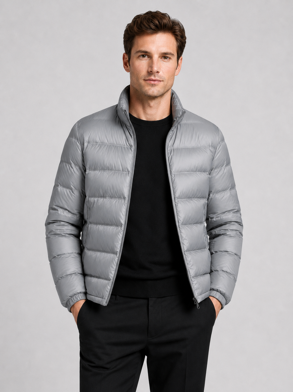Men wearing gray down jacket stand collar lightweight windproof waterproof fall winter casual style