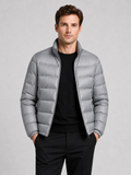 Men wearing gray down jacket stand collar lightweight windproof waterproof fall winter casual style