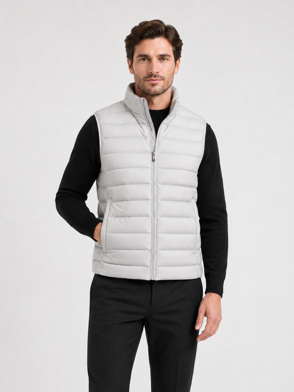 Men wearing light gray down vest thick warm zip up windproof waterproof winter outdoor style