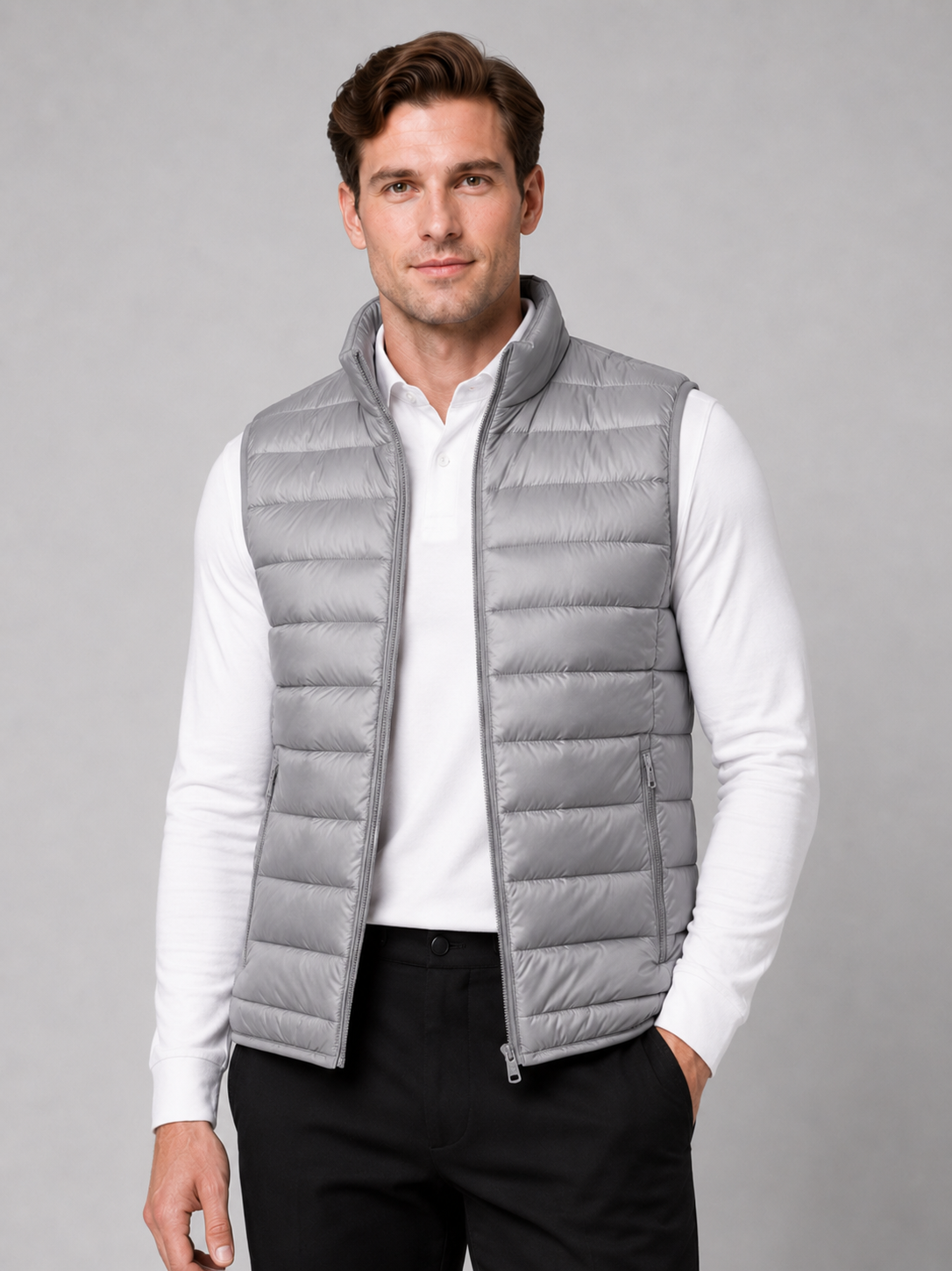 Men wearing gray ultralight down vest sleeveless lightweight warm winter travel style