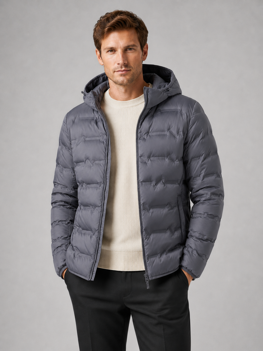 Men wearing gray duck down hooded puffer jacket lightweight warm winter travel style