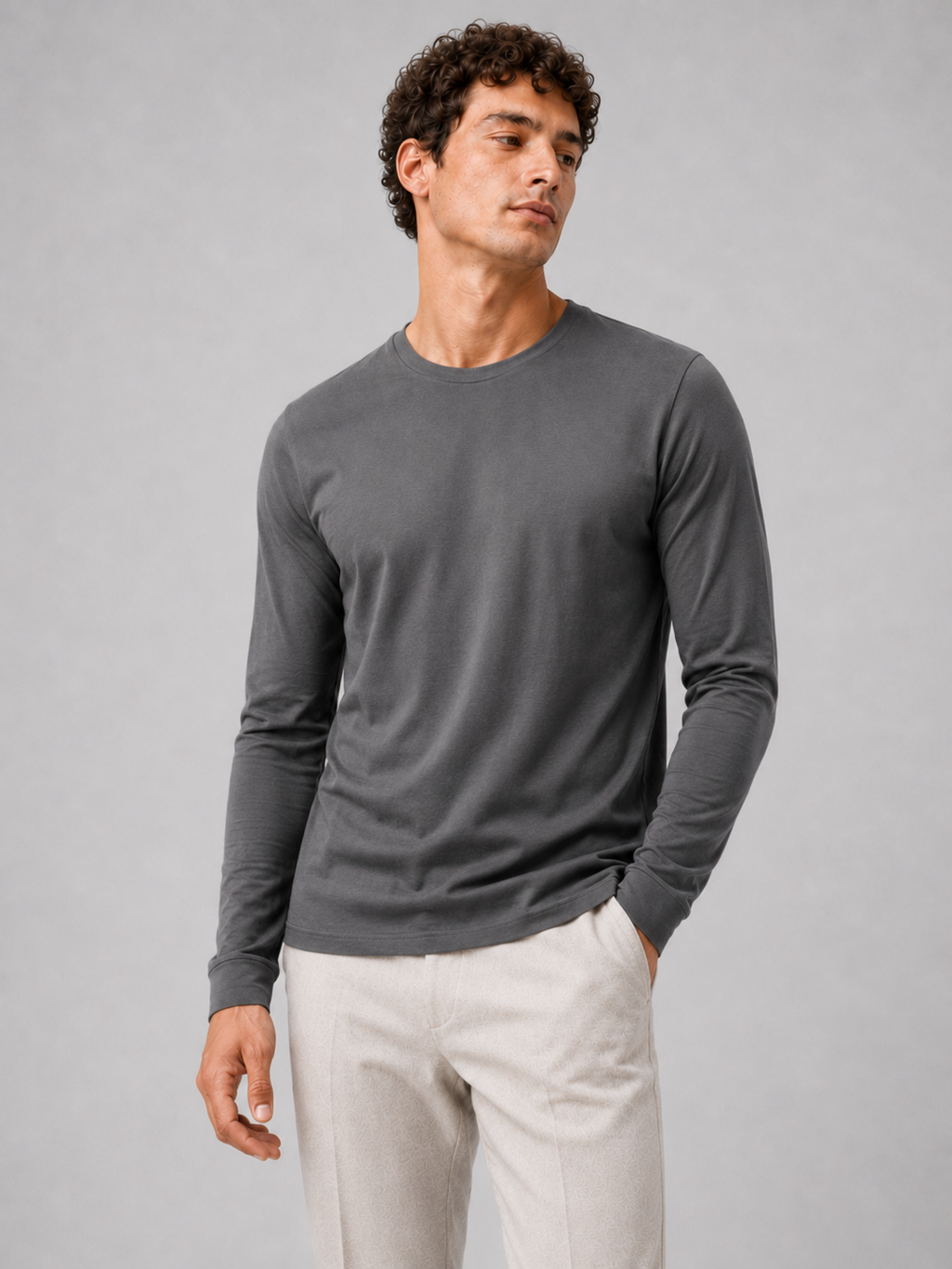 Men wearing gray fitted long sleeve t shirt crew neck casual spring basic style