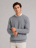 Men wearing gray fleece cable knit sweater crew neck loose fit warm fall winter casual style