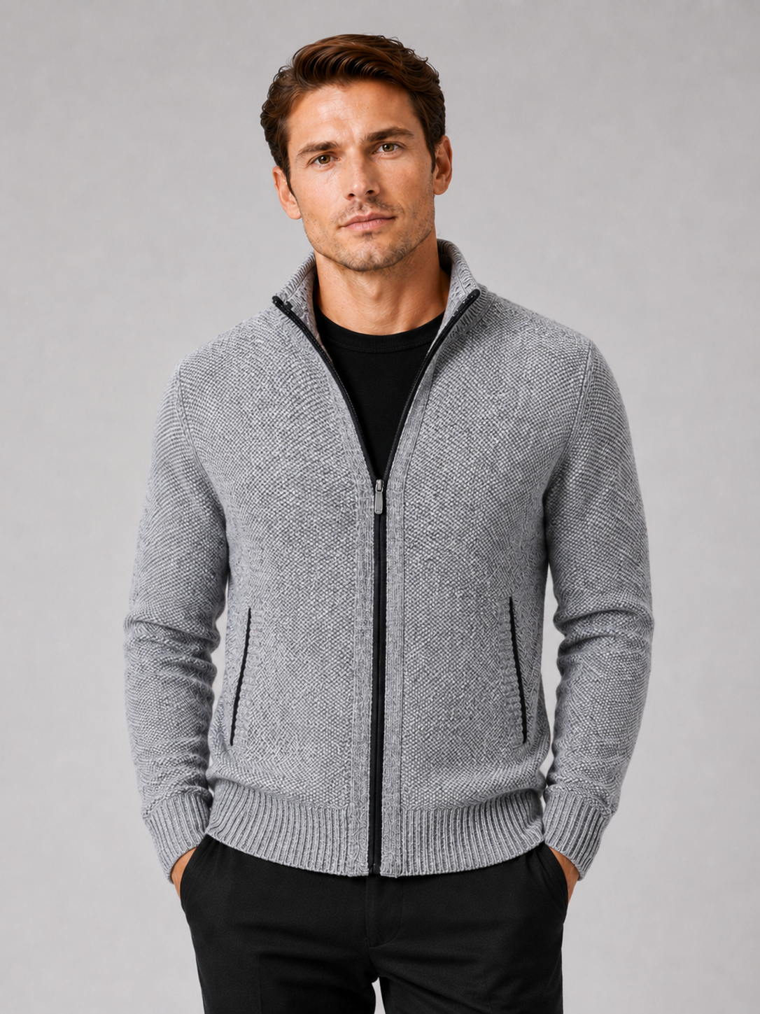 Men wearing gray fleece cardigan sweater full zip warm fall winter casual style