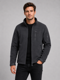 Front view of a man wearing a gray windproof fleece jacket with a full zip front, warm construction, and zipper pockets