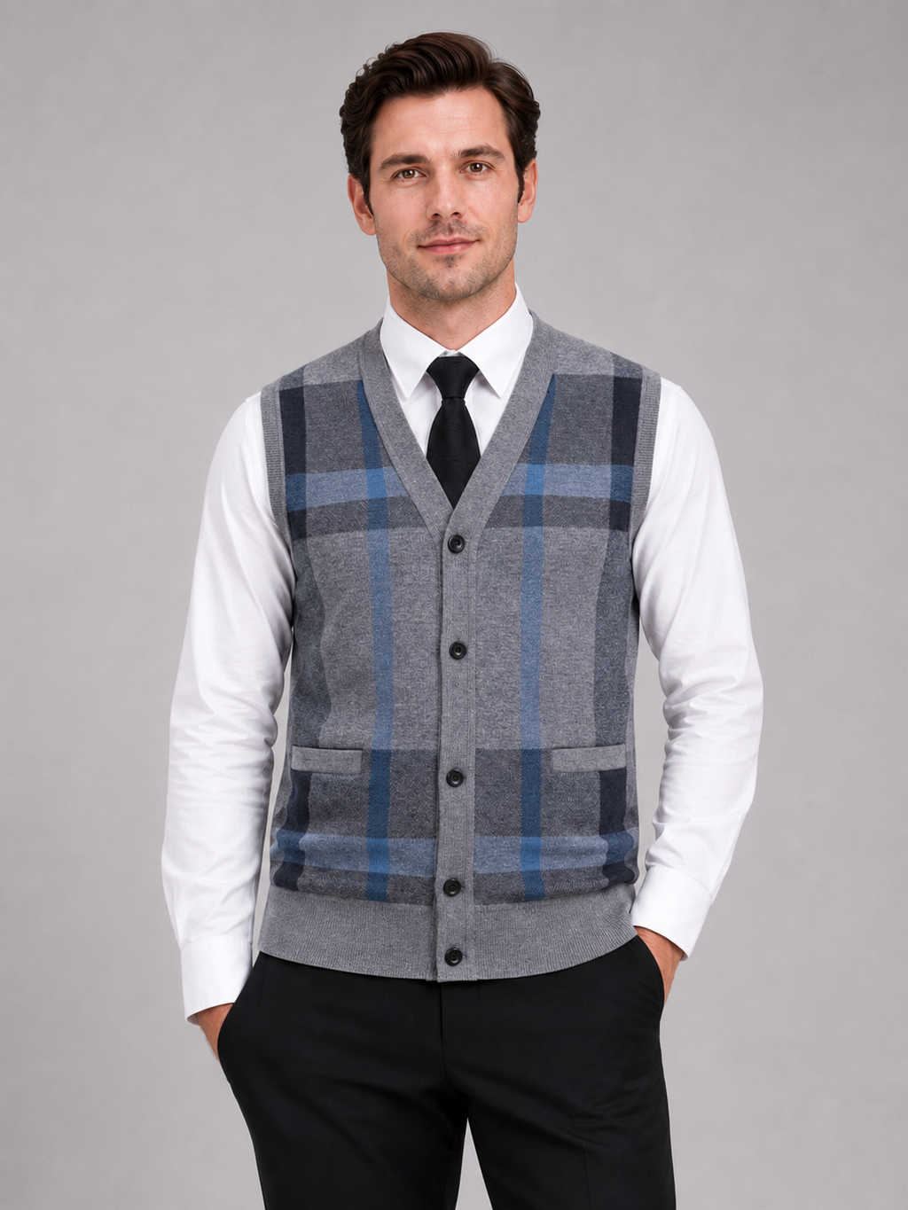 Men wearing gray fleece sweater vest v neck button front knit fall winter business casual style