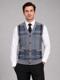 Men wearing gray fleece sweater vest v neck button front knit fall winter business casual style