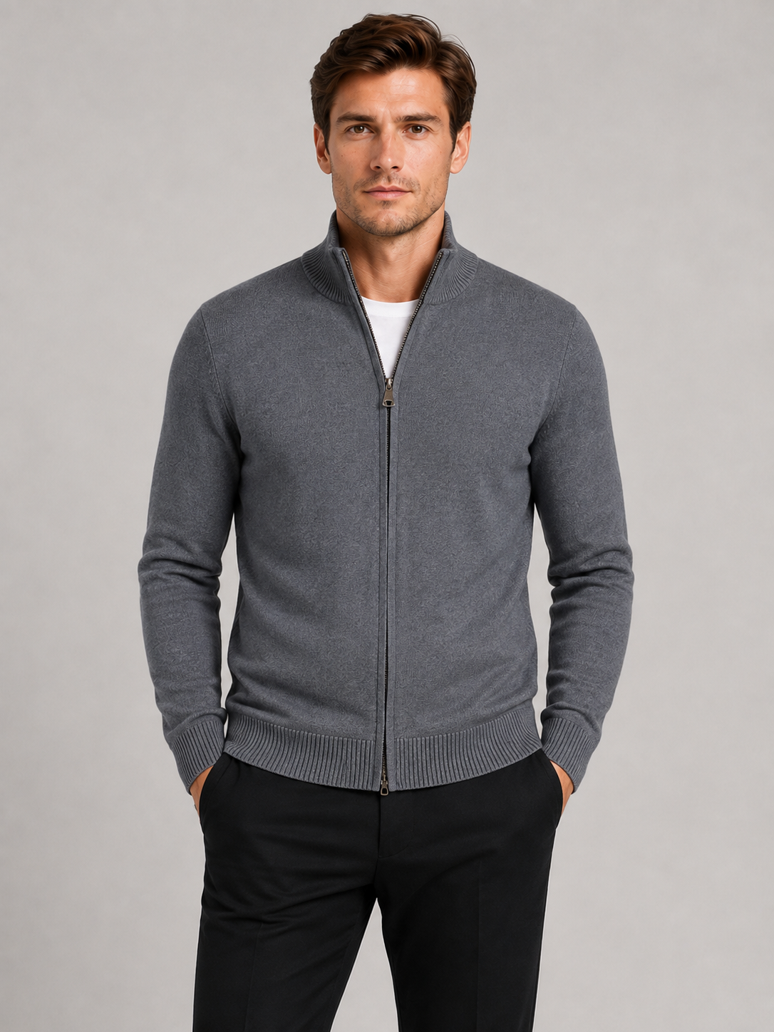 Front view of a man wearing a gray full zip knit sweater with a stand collar, slim fit, long sleeves, and warm fall winter design