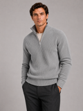 Men wearing gray half zip sweater thick knit pullover warm winter business casual style