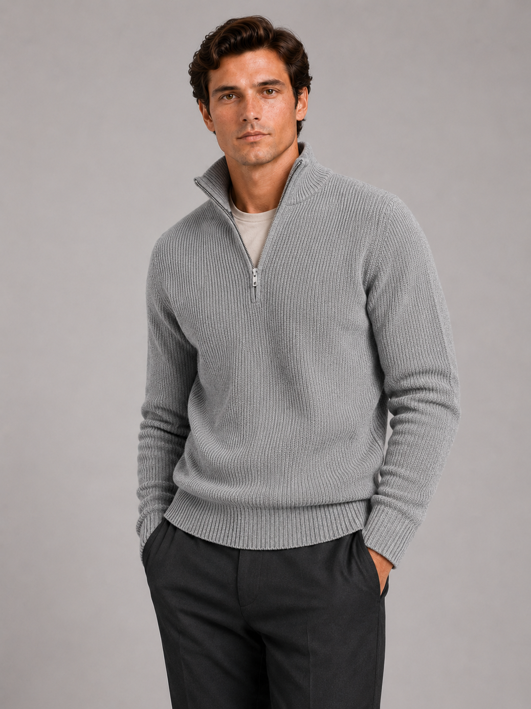 Men wearing gray half zip sweater thick knit pullover warm winter business casual style