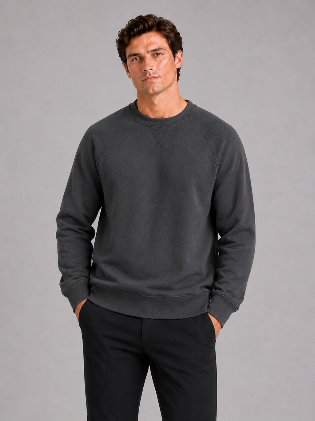 Men wearing gray heavyweight crewneck sweater 100 percent cotton long sleeve fall casual style