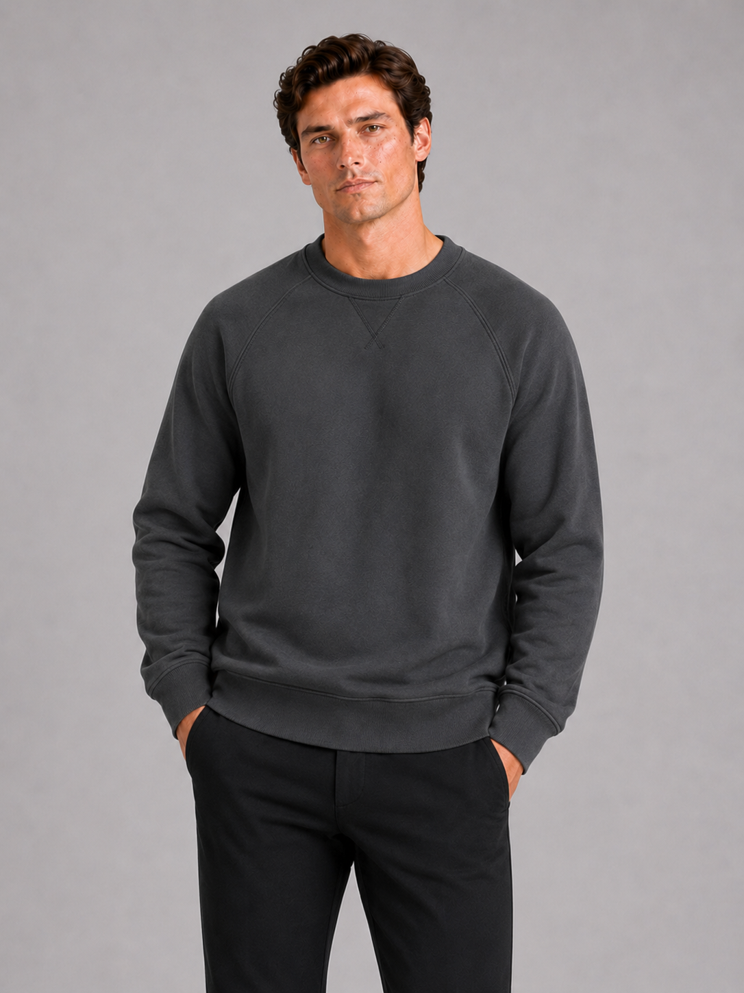 Men wearing gray heavyweight crewneck sweater 100 percent cotton long sleeve fall casual style