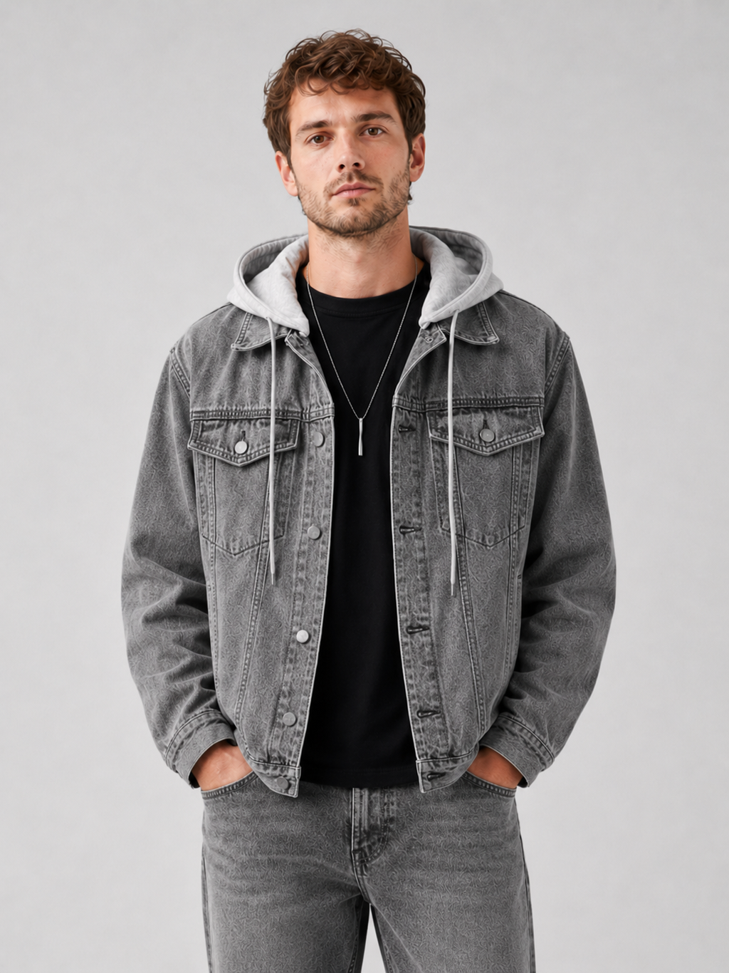 Men wearing gray hooded denim jacket with detachable hood and loose fit winter streetwear style