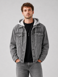 Men wearing gray hooded denim jacket with detachable hood and loose fit winter streetwear style