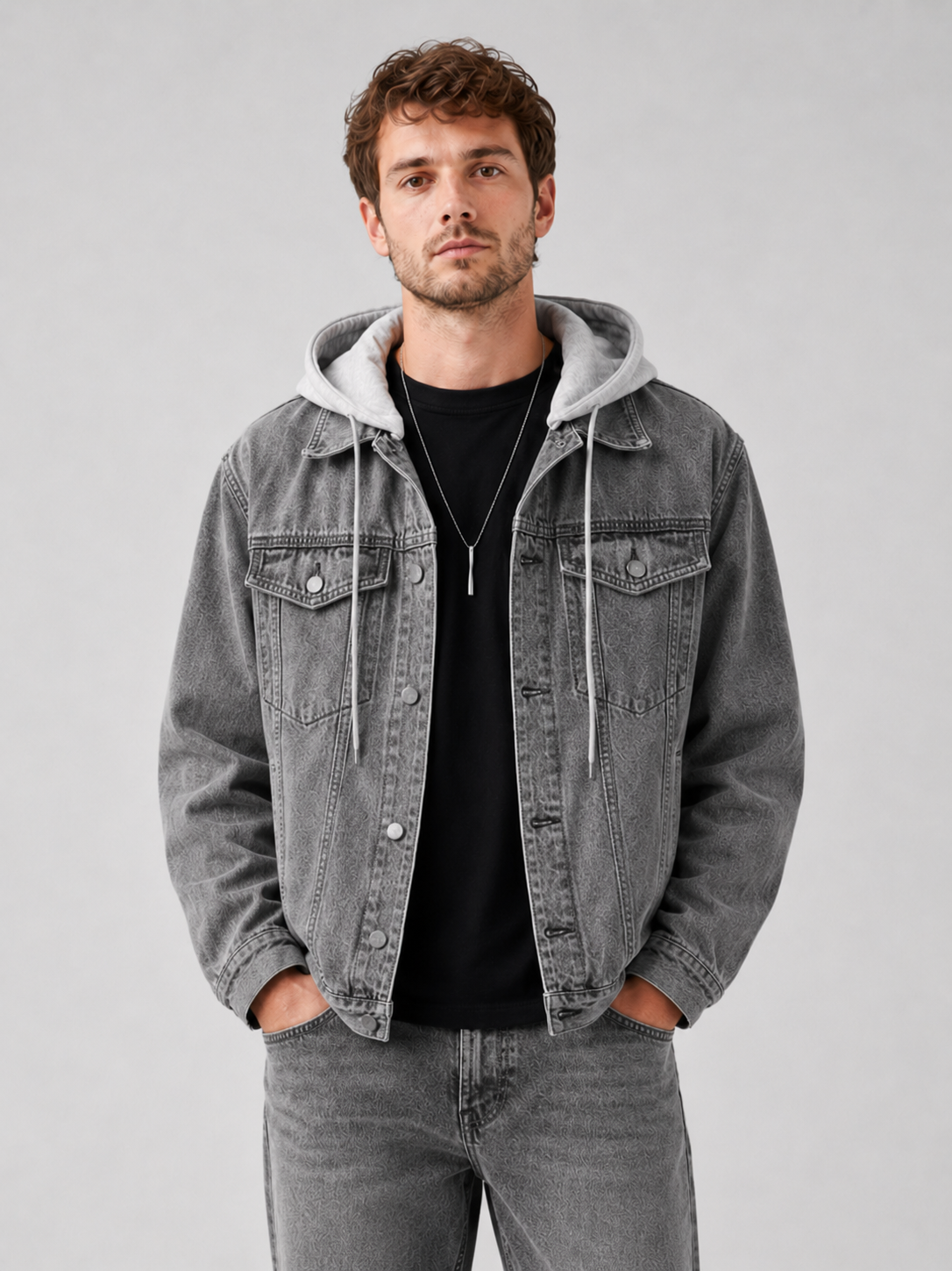 Men wearing gray hooded denim jacket with detachable hood and loose fit winter streetwear style