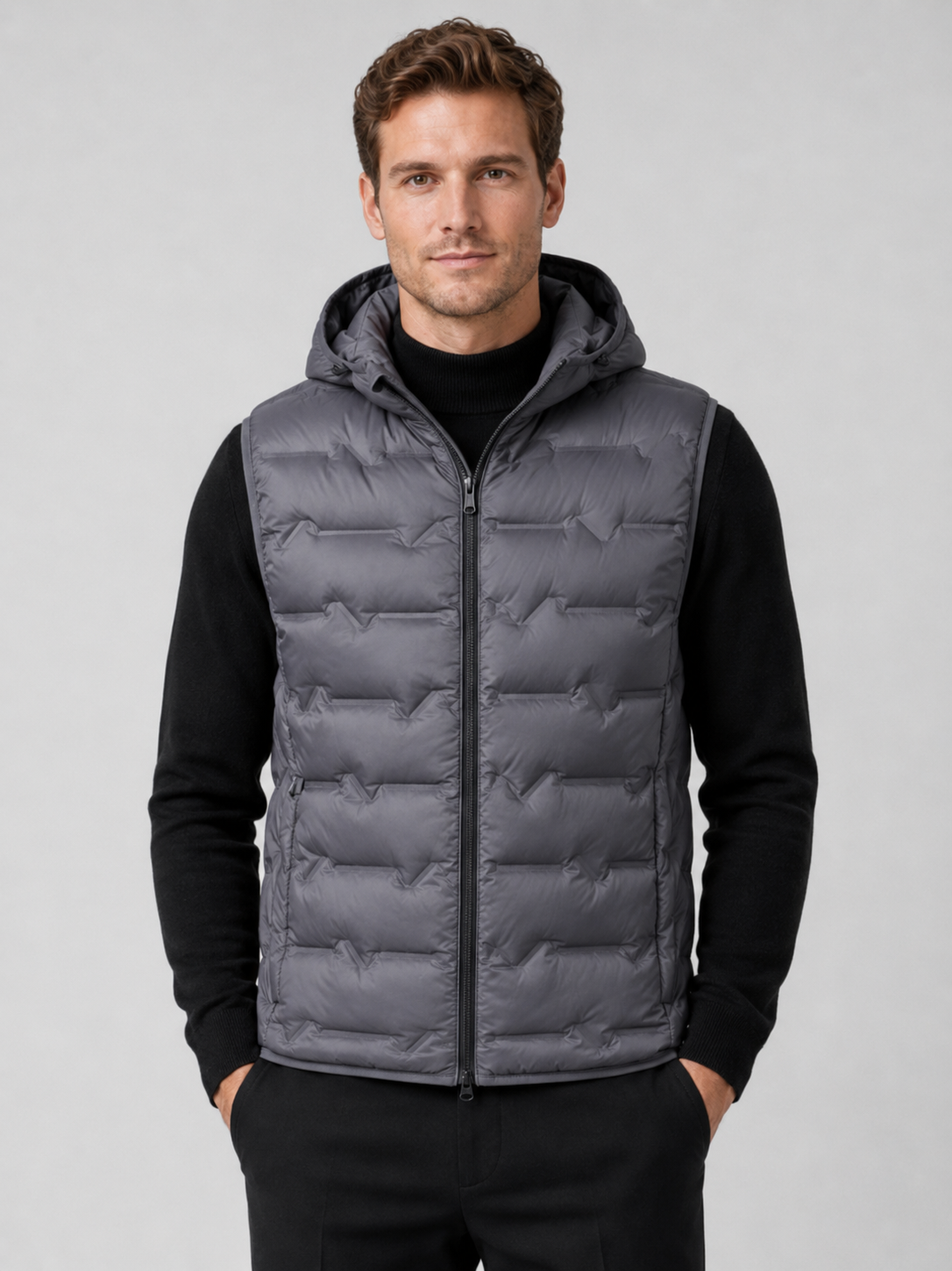 Men wearing gray hooded down vest ultralight windproof waterproof winter outdoor style
