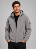 Front view of a man wearing a gray hooded fleece jacket with a windproof design, thick warm construction, and full zip front