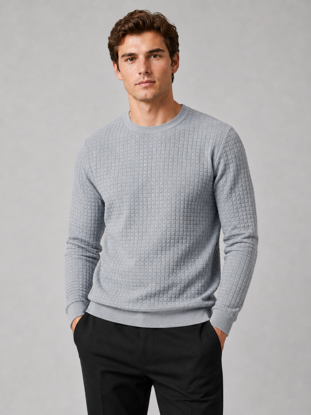 Men wearing gray jacquard crew neck sweater slim fit long sleeve warm fall winter casual style