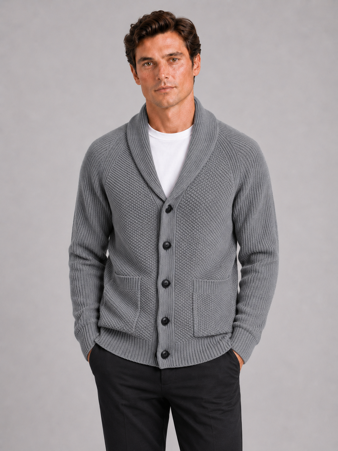 Men wearing gray knit cardigan sweater long sleeve front pocket fall winter casual style