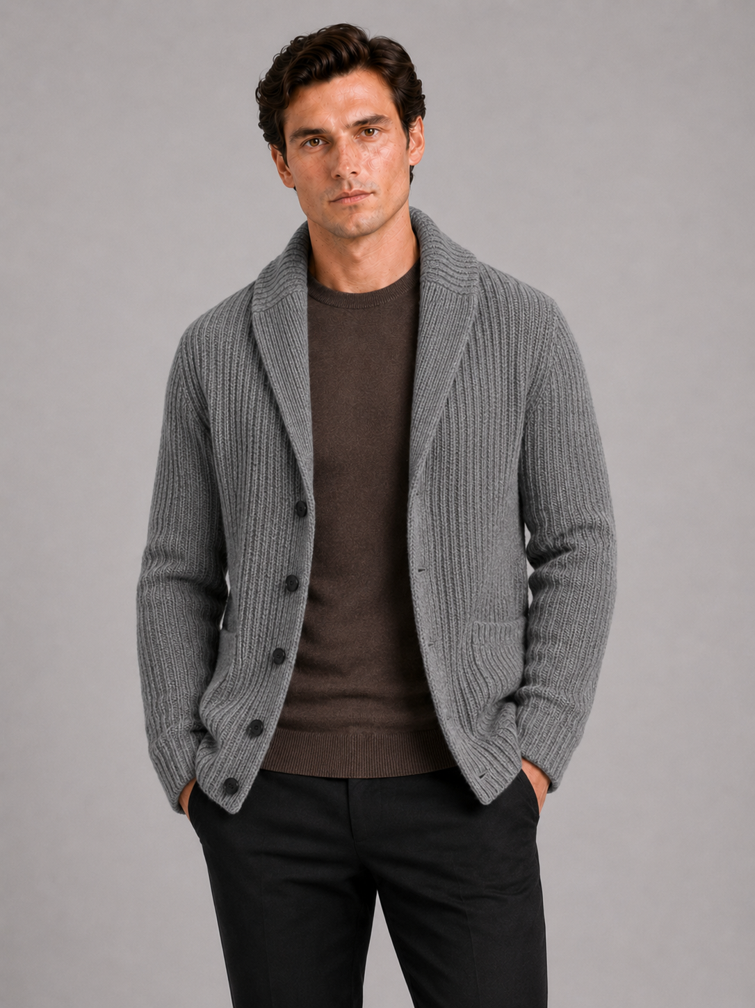 Men wearing gray knit cardigan sweater slim fit lapel button up warm fall winter style