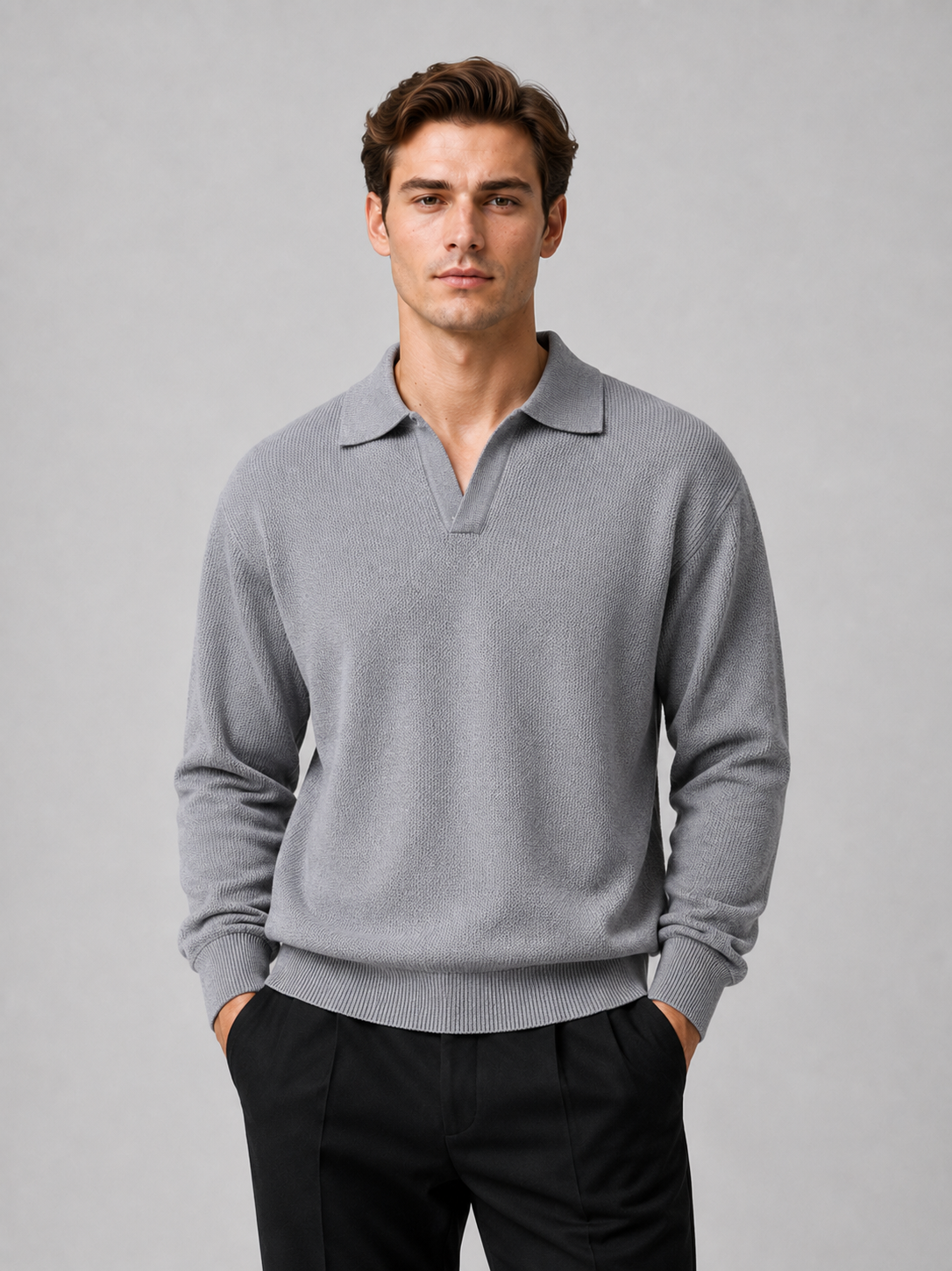 Men wearing gray knit polo shirt long sleeve v neck turn down collar fall business casual style