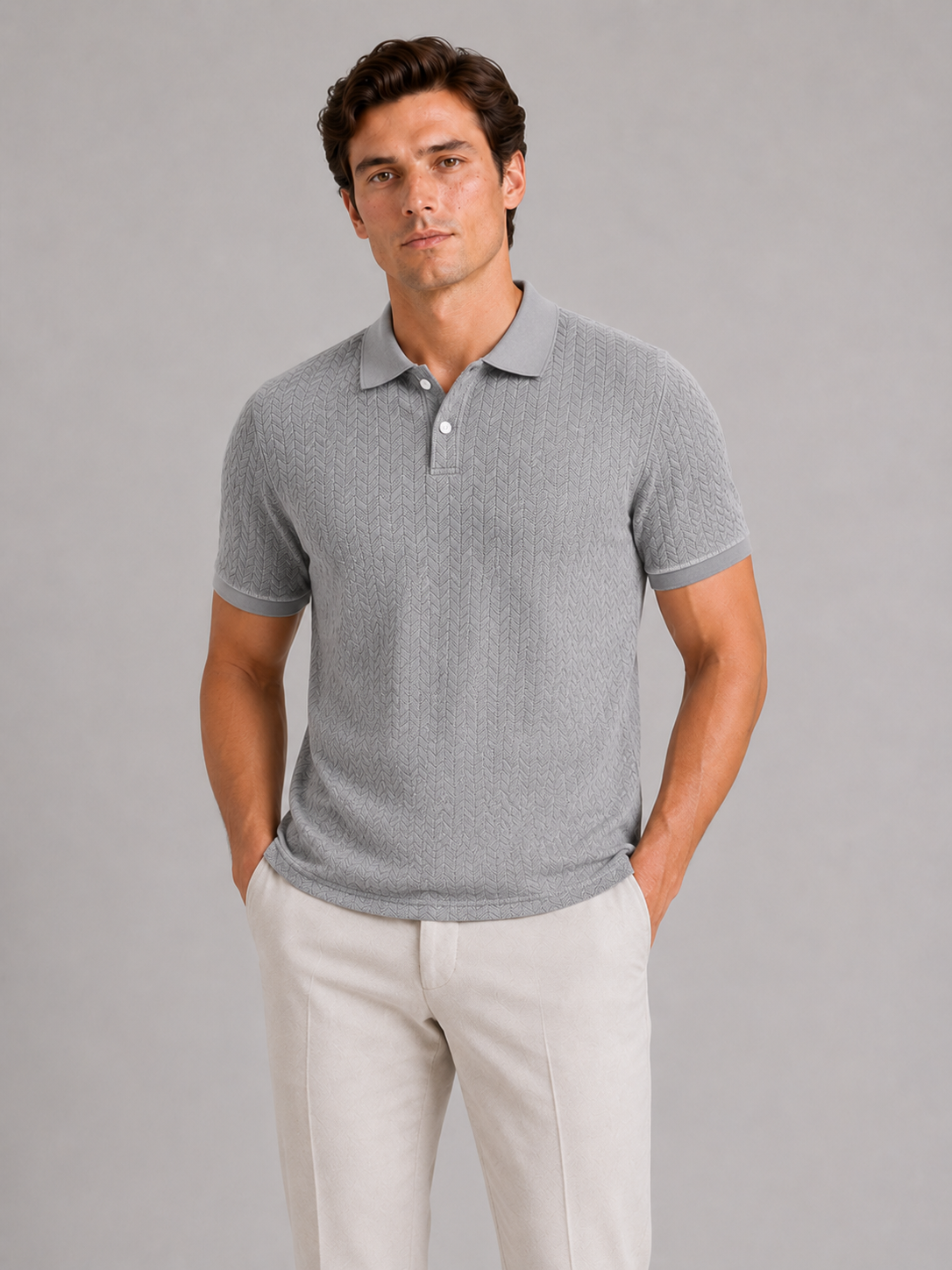 Men wearing gray knit polo shirt short sleeve breathable solid color summer casual style