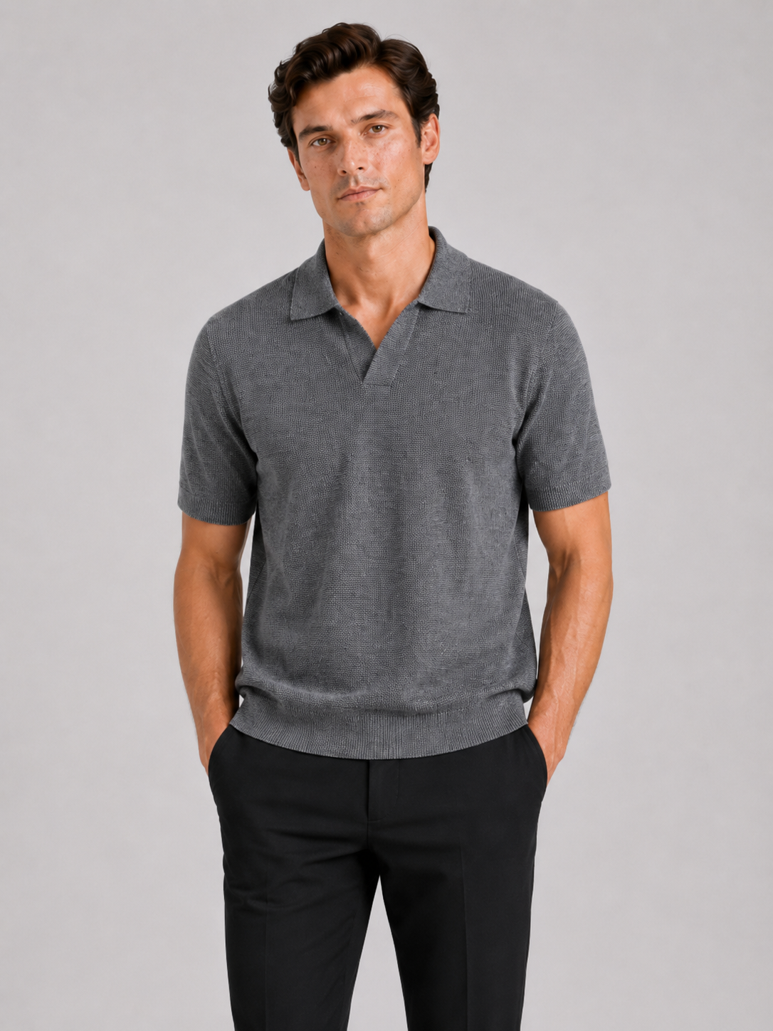Men wearing gray knit polo t shirt solid color short sleeve lightweight summer business casual style