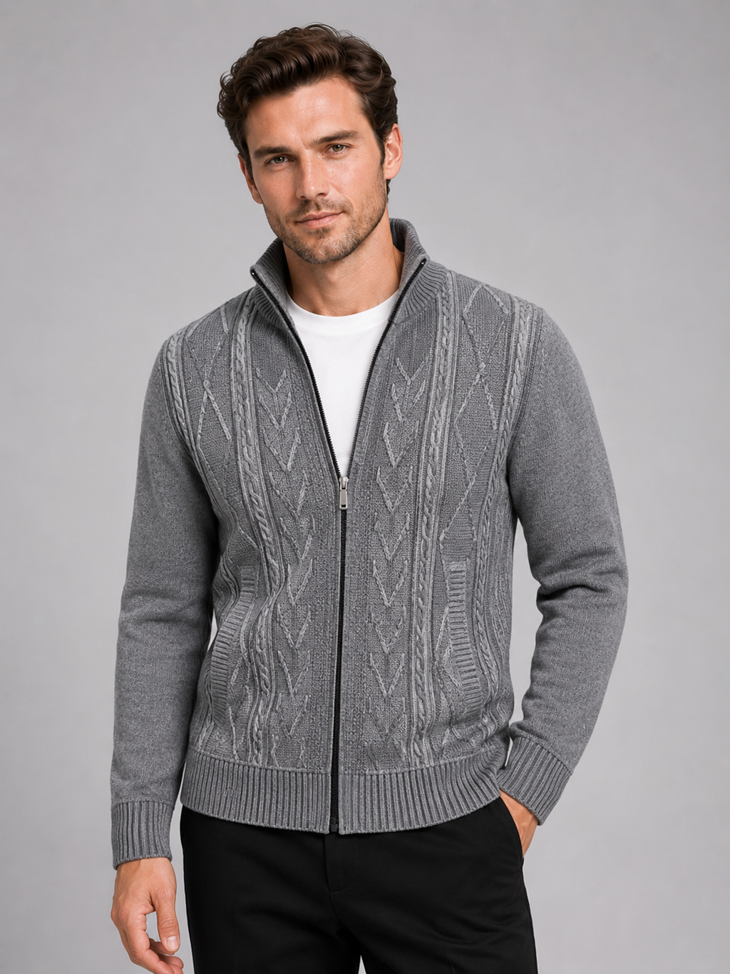 Men wearing gray knit stand collar full zip sweater thick warm fall winter casual style