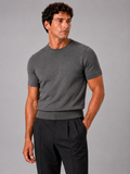Men wearing gray knit t shirt lightweight short sleeve summer lounge top with crew neck