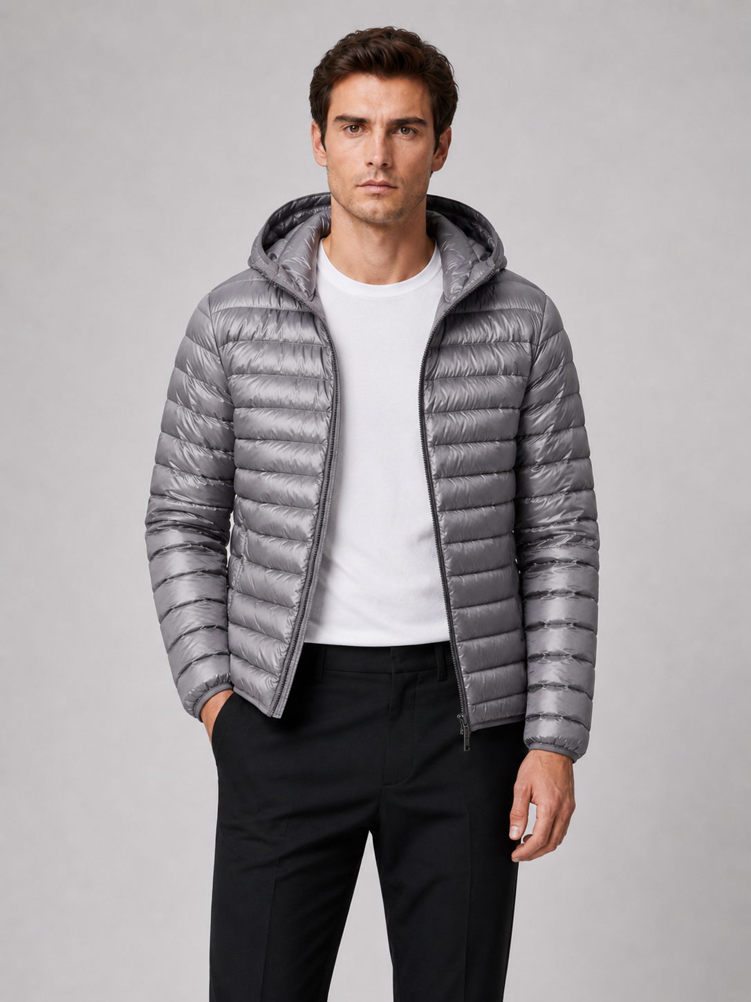 Men wearing gray lightweight hooded down puffer jacket thermal fall winter travel style