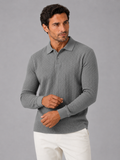 Men wearing gray long sleeve polo shirt business casual knit top for smart casual wear