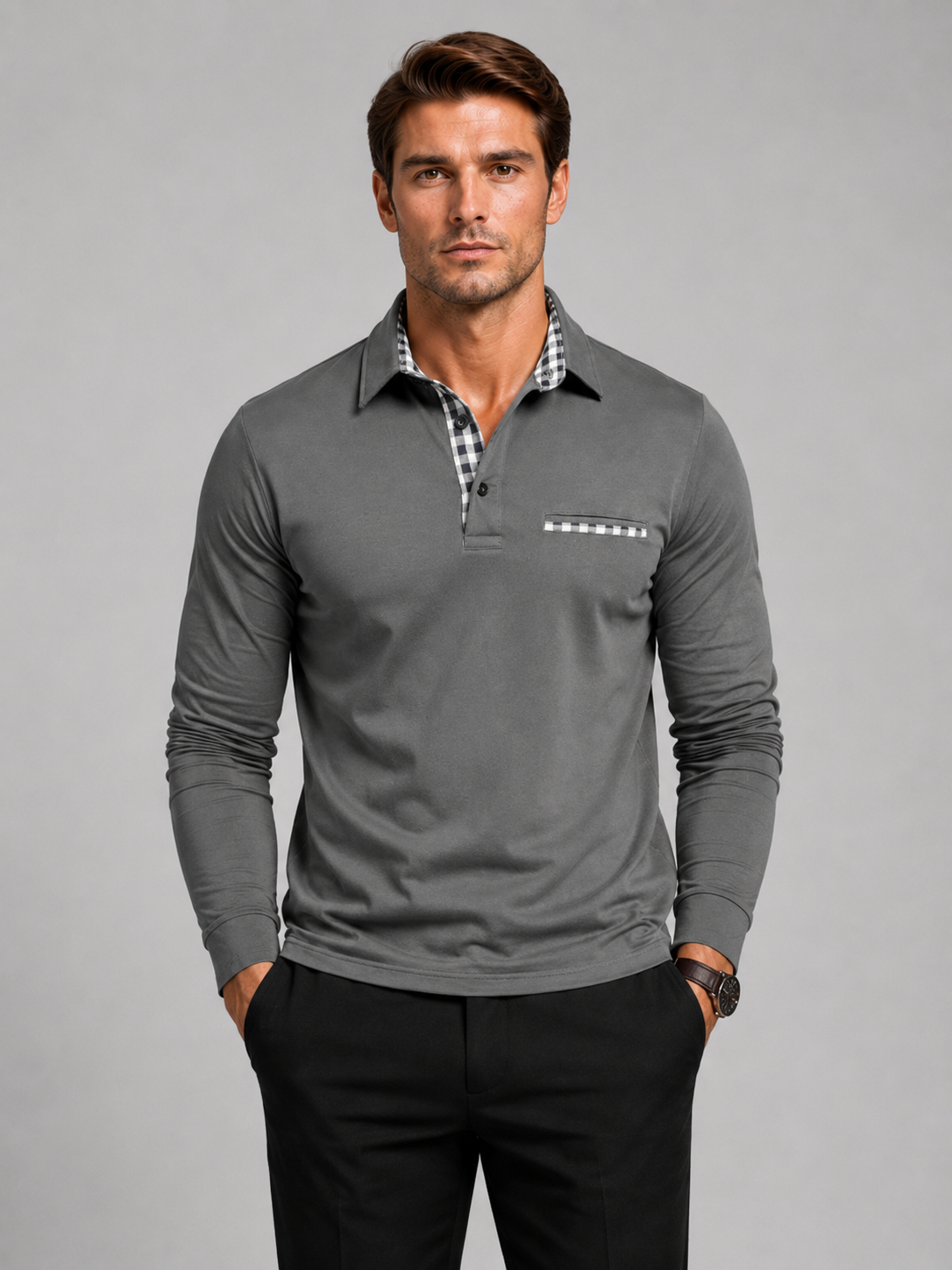 Men wearing gray long sleeve polo shirt with plaid panel business casual fall style