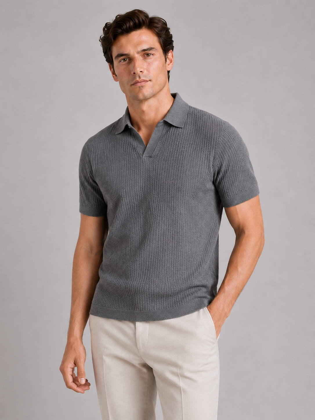 Men wearing gray knit polo shirt slim fit wrinkle resistant breathable summer business casual style