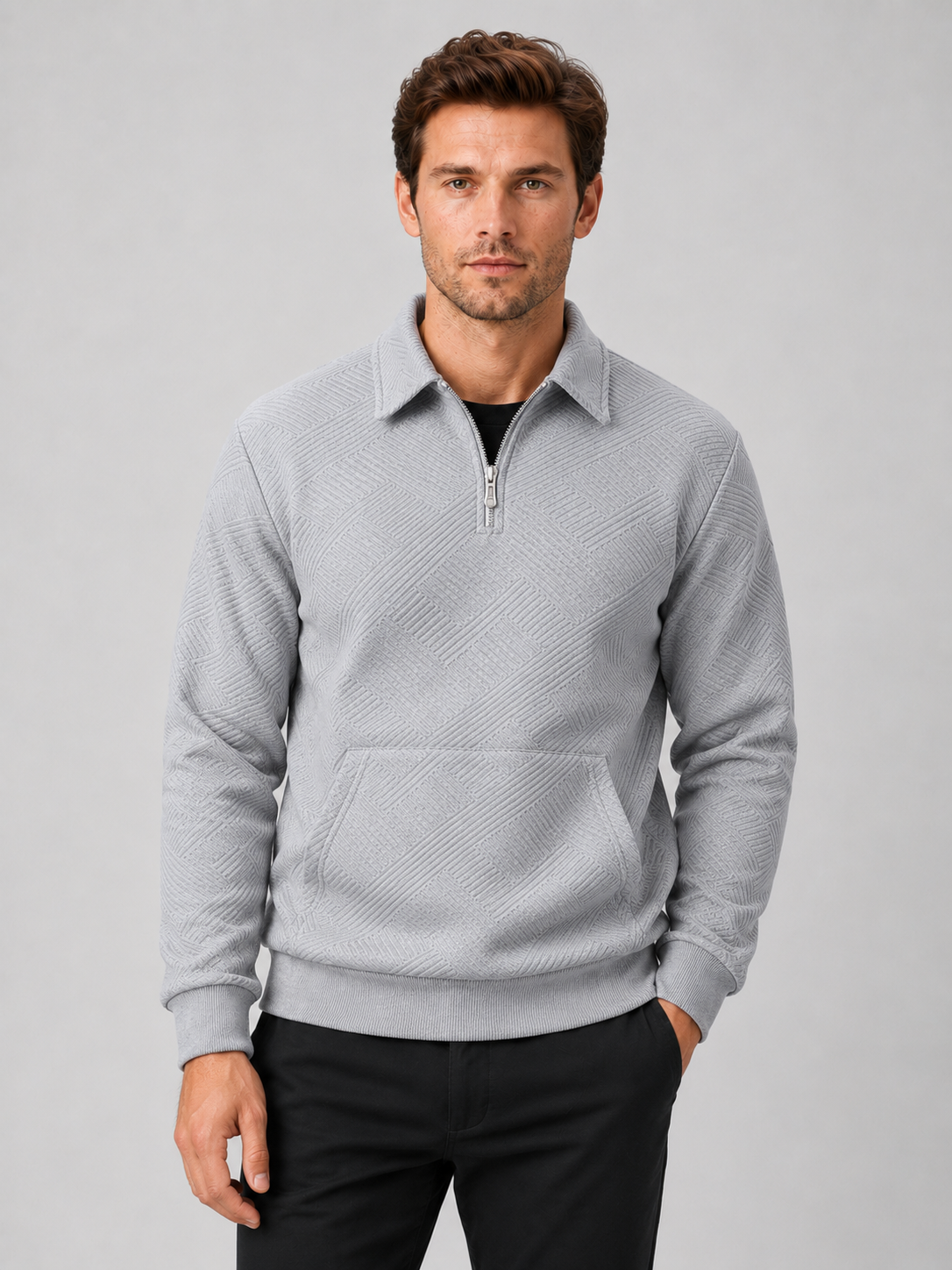 Men wearing gray quarter zip sweater long sleeve solid color fall outdoor casual style