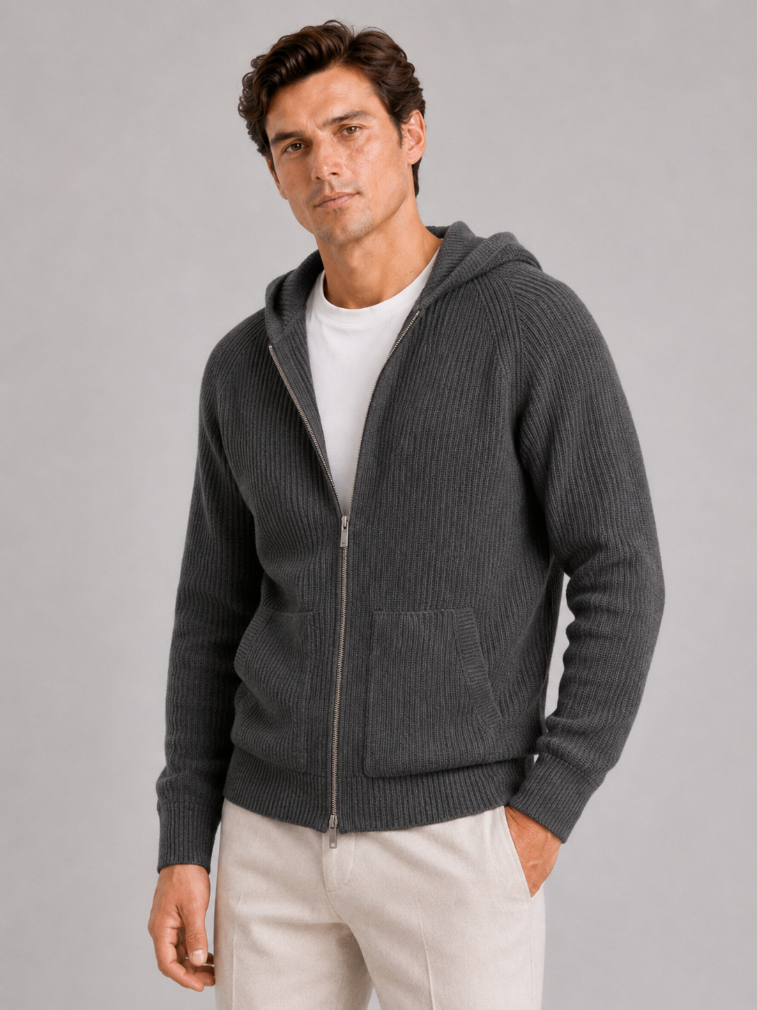 Men wearing gray merino wool zip hoodie cardigan thick knit fall winter casual style