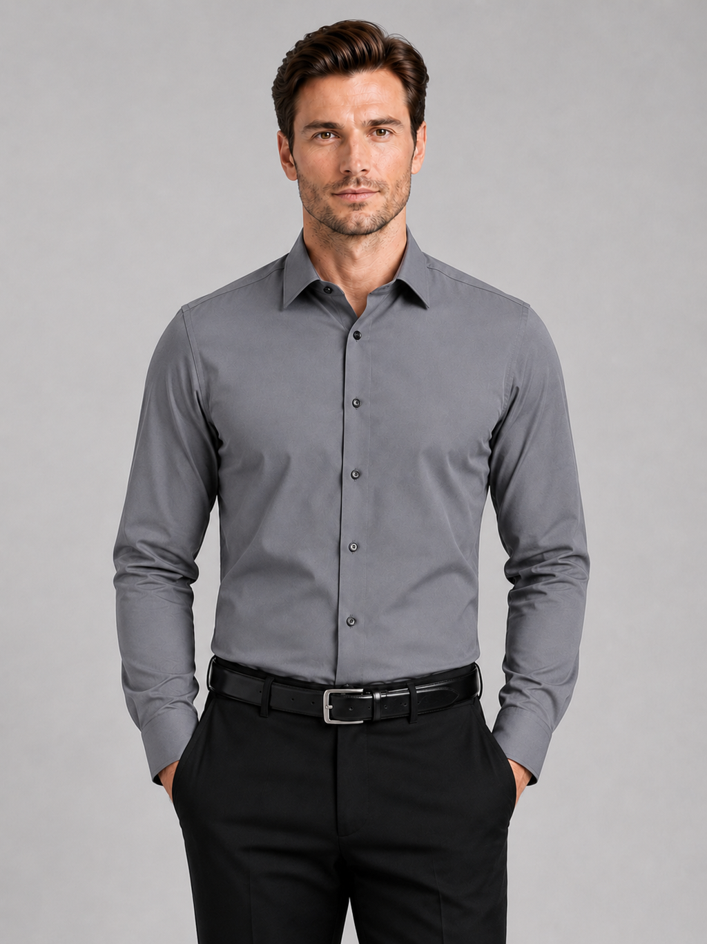 Men wearing gray button down shirt long sleeve non iron stretch business casual office style
