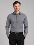 Men wearing gray button down shirt long sleeve non iron stretch business casual office style