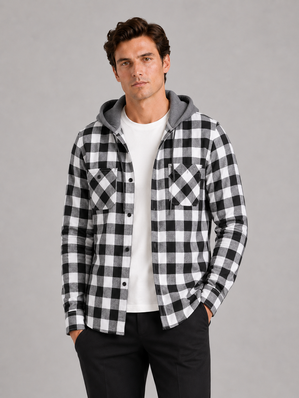 Men wearing gray plaid hooded flannel jacket long sleeve button down fall casual style