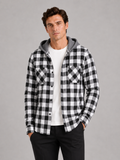 Men wearing gray plaid hooded flannel jacket long sleeve button down fall casual style